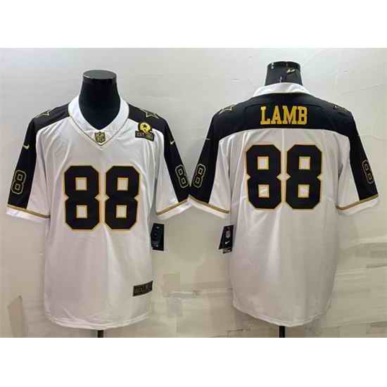Men Dallas Cowboys 88 CeeDee Lamb White Gold Edition With 1960 Patch Limited Stitched Football Jersey